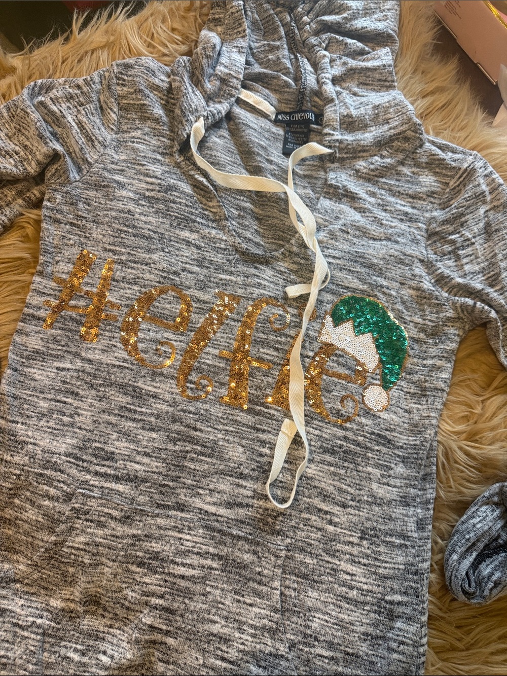 Miss Chievous Gray Hoodie with Gold and Green Sequin Holiday Graphic